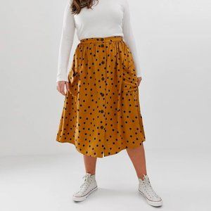 Button Front Polka Dot Midi Skirt with Pockets